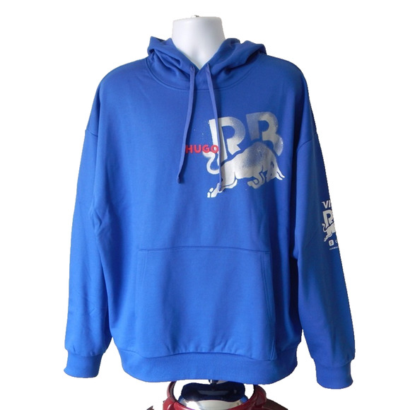 NWT HUGO Running Bulls Graphic Pullover Hoodie Blue in Cotton Terry Men's LARGE - Picture 1 of 13